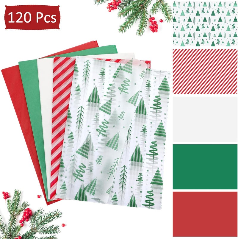 LOADSFUN 120 Sheets Christmas Tissue Paper for Gift Bags, Red Green and White Tissue Paper Bulk Assorted Design Gift Wrapping Paper for Crafts Holiday Decor - Image 4